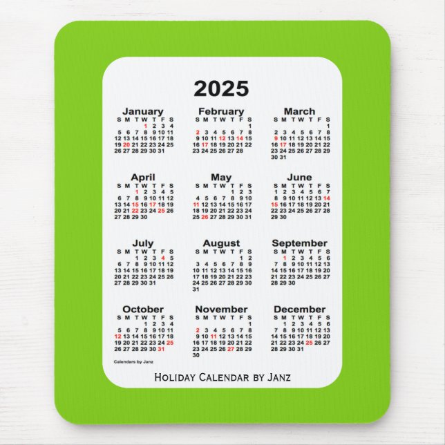 Alfombrilla De Ratón Calendario Verde Amarillo de Navidad 2025, de Janz (Frente)