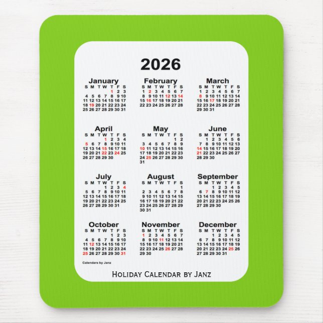 Alfombrilla De Ratón Calendario Verde Amarillo de Navidad 2026, de Janz (Frente)