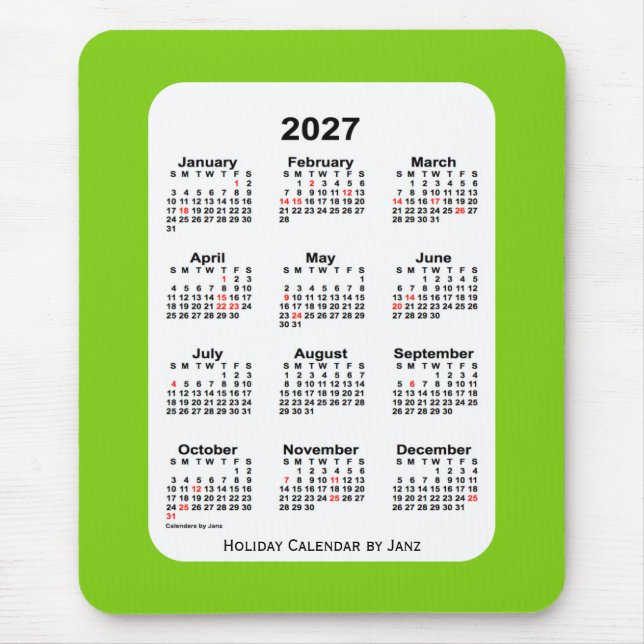 Alfombrilla De Ratón Calendario Verde Amarillo de Navidad 2027, de Janz (Frente)