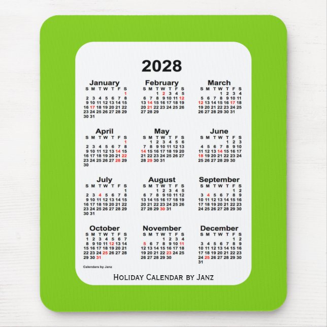 Alfombrilla De Ratón Calendario Verde Amarillo de Navidad 2028, de Janz (Frente)