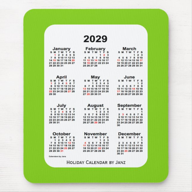 Alfombrilla De Ratón Calendario Verde Amarillo de Navidad 2029, de Janz (Frente)