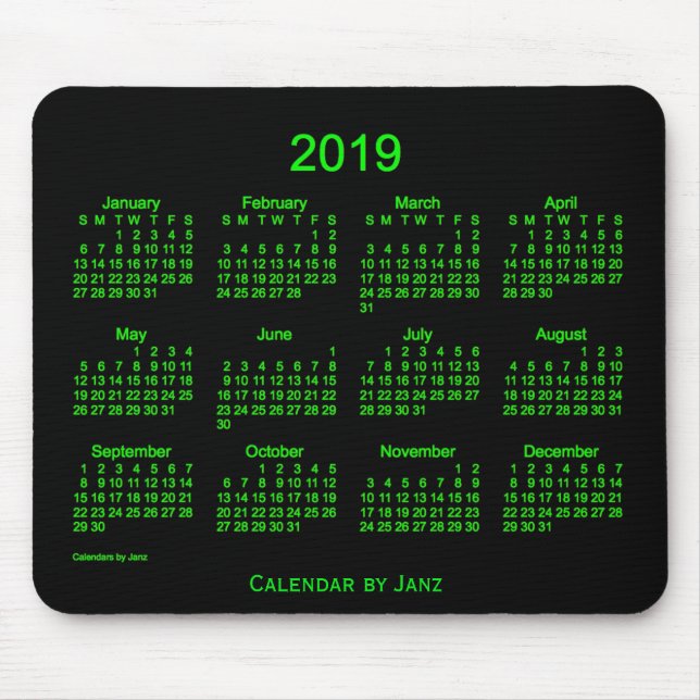 Alfombrilla De Ratón Calendario verde de neón 2019 por Janz (Frente)