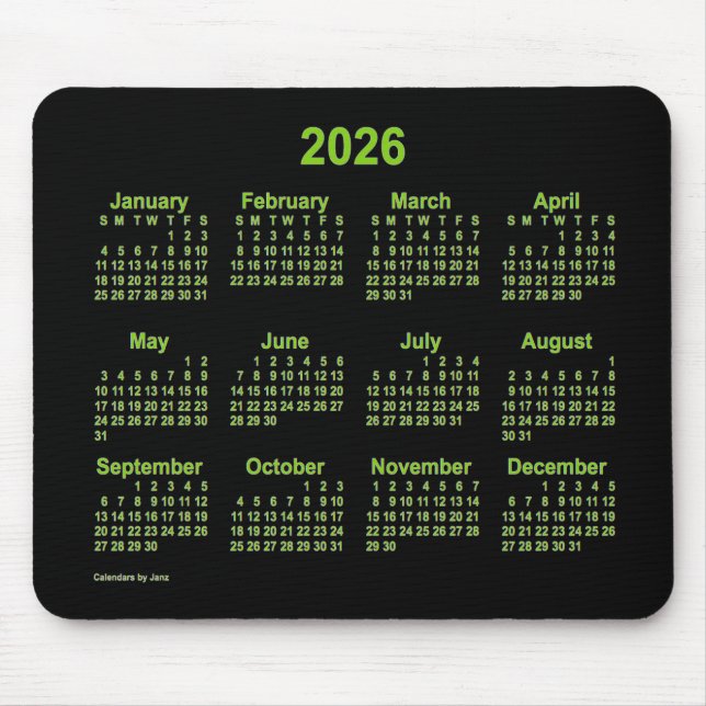 Alfombrilla De Ratón Calendario Verde Neon Yellow 2026, de Janz (Frente)