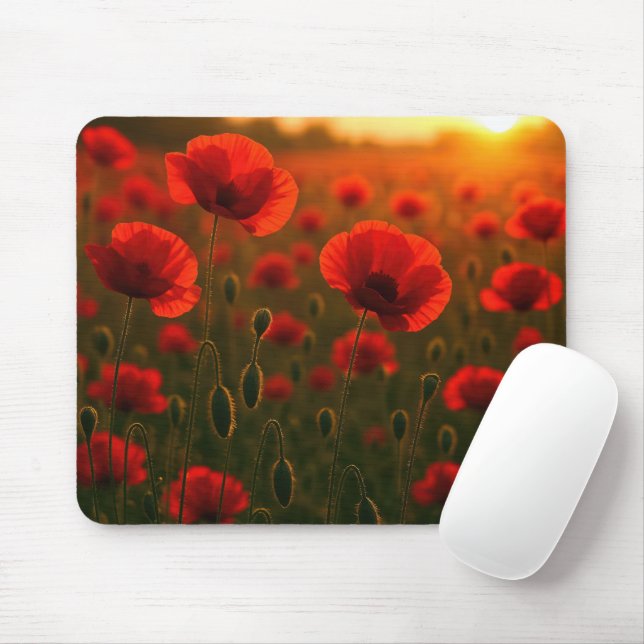 Alfombrilla De Ratón Campo de amapolas rojas al amanecer (Con ratón)