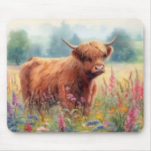 Campo de flor silvestre Highland Cow Watercolor