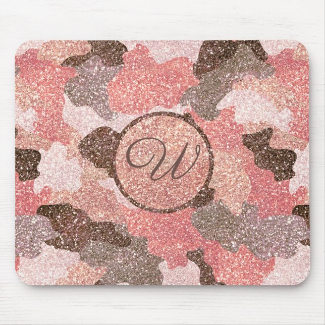 Alfombrilla De Ratón Camuflaje Rosa Gold Camo Faux Purpurina Monogramad (Frente)