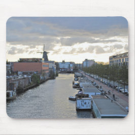 Alfombrilla De Ratón Canal de Ámsterdam y molino de viento con puesta d