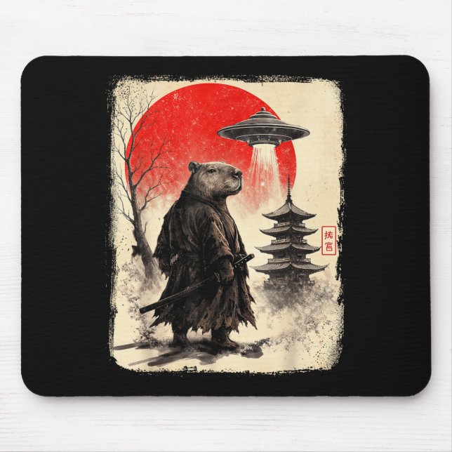 Alfombrilla De Ratón Capybara Samurai Retro Ufo Japanese Warrior Tenshu (Frente)