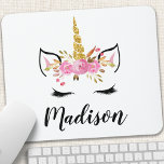 Alfombrilla De Ratón Cara De Unicornio Con Nombre Personalizado De Eyel<br><div class="desc">Cara De Unicornio Con Eyelashes Nombre Personalizado Almohadilla De Ratón</div>