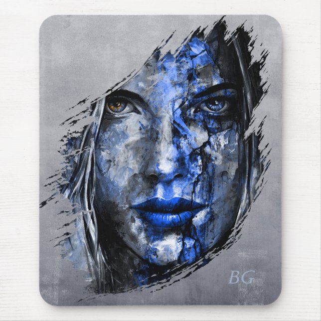 Alfombrilla De Ratón Cara y monograma del Chica negro gris azul (Frente)