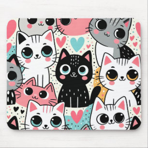 Alfombrilla De Ratón Caras de gato kawaii lindas y corazones caprichoso
