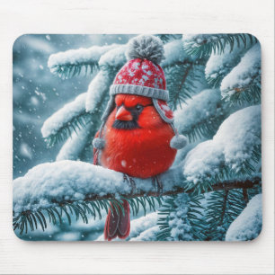 Alfombrilla De Ratón Cardenal Rojo con Gorra de Invierno