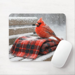 Alfombrilla De Ratón Cardenal rojo sobre una manta de cuadros nevada