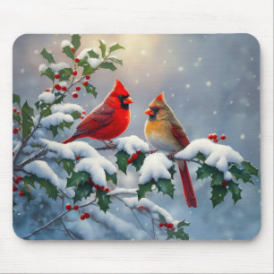 Alfombrilla De Ratón Cardenales rojos y Holly en la nieve