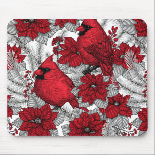 Alfombrilla De Ratón Cardenales y poinsettia en rojo y blanco