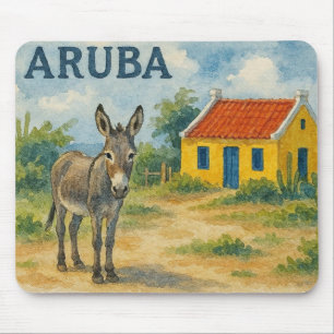 Alfombrilla De Ratón Casa cunucu amarilla de Aruba con burro acuarela