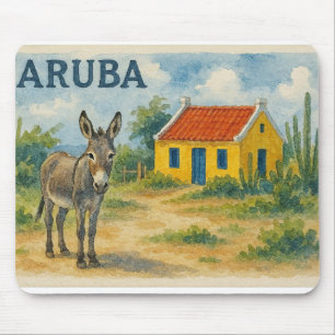 Alfombrilla De Ratón Casa cunucu amarilla de Aruba con burro acuarela