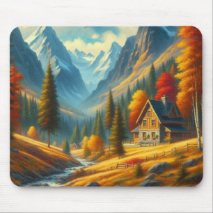 Alfombrilla De Ratón Casa de montaña rústica y río de otoño