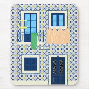 Alfombrilla De Ratón Casa portuguesa de Lisboa con azulejos y pájaro
