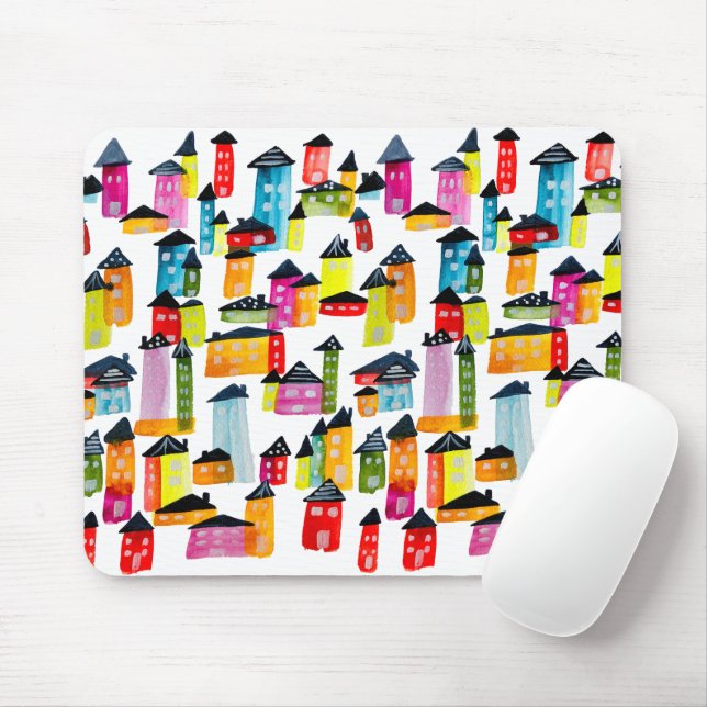 Alfombrilla De Ratón Casas coloridas y bonitas arte acuarela (Con ratón)