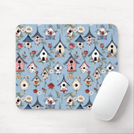 Alfombrilla De Ratón Casas de pájaros de patchwork floral y fondo azul 