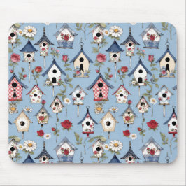 Alfombrilla De Ratón Casas de pájaros de patchwork floral y fondo azul 
