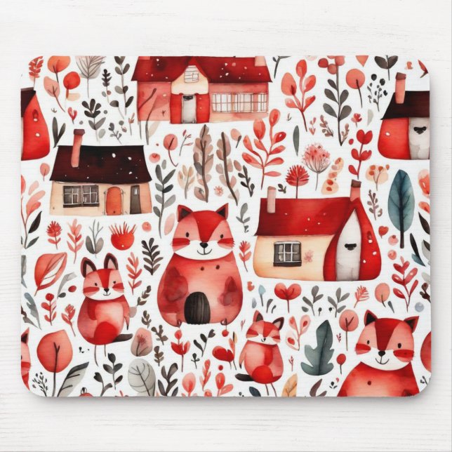 Alfombrilla De Ratón Casas rojas y casas adorables Hoja de papel (Frente)
