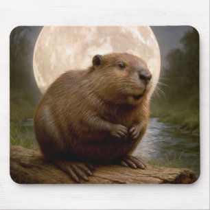 Alfombrilla De Ratón Castor en un tronco con luna llena
