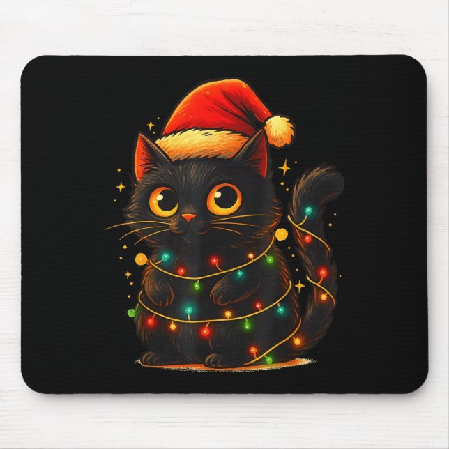 Alfombrilla De Ratón Cat Black Christmas Tree Lights Funny Santa Kitten (Frente)