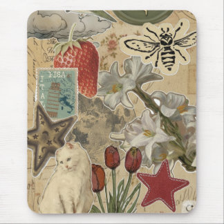 Alfombrilla De Ratón Cat Floral Collage Pattern – Cute Artistic Design