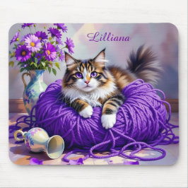 Alfombrilla De Ratón Cat  in Purple Yarn and Flowers Personalized