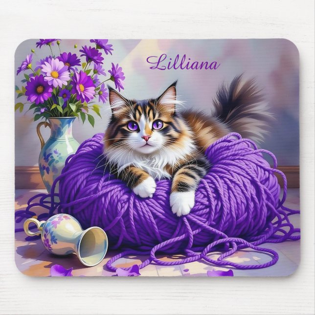 Alfombrilla De Ratón Cat  in Purple Yarn and Flowers Personalized (Frente)