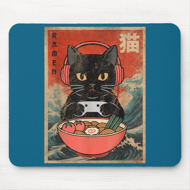 Alfombrilla De Ratón Cat Ramen Japanese Funny Graphic Kawaii Anime  (Frente)