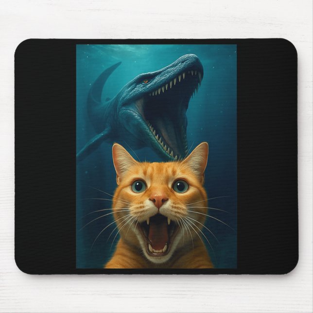 Alfombrilla De Ratón Cat Selfie With Mosasaurus Dinosaur For Boys Kids  (Frente)
