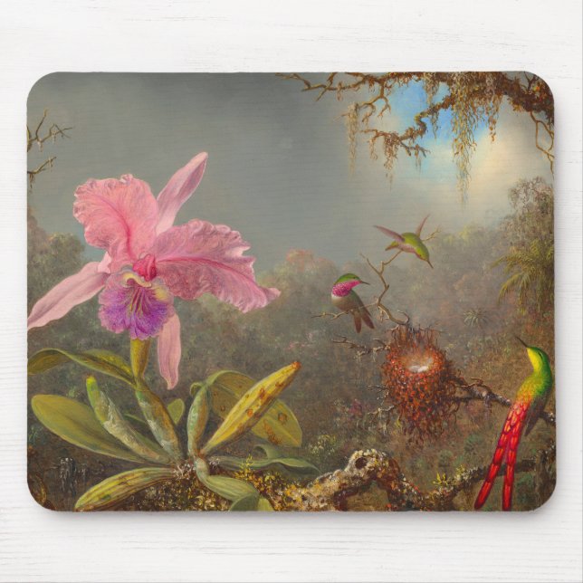 Alfombrilla De Ratón Cattleya Orchid y tres Hummingbirds Heade (Frente)