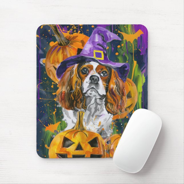 Alfombrilla De Ratón Cavalier King Dog Halloween Bruja Y Calabaza (Con ratón)
