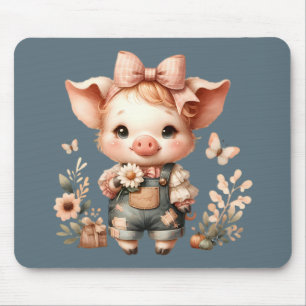 Alfombrilla De Ratón Cerdito Caprichoso en Overoles Pastel Azul