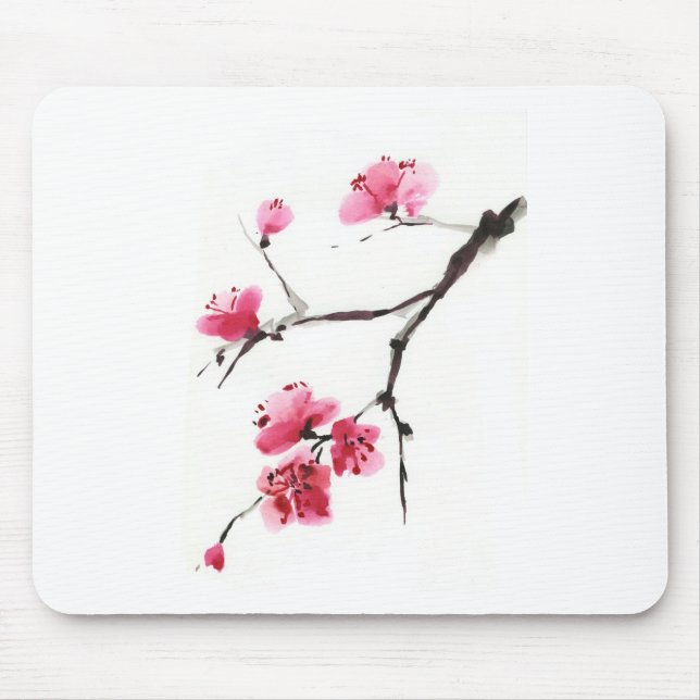 Alfombrilla De Ratón Cereza florida. Primavera. Tinta y pincel. (Frente)