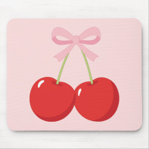 Alfombrilla De Ratón Cerezas Rojas con Lazo Rosa Coquette Cottage Chic