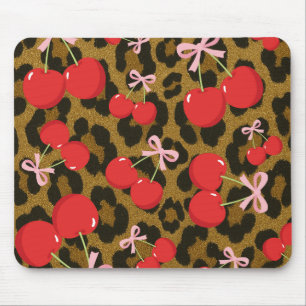 Alfombrilla De Ratón Cerezas Rojas con Lazo Rosa Estampado de Leopardo