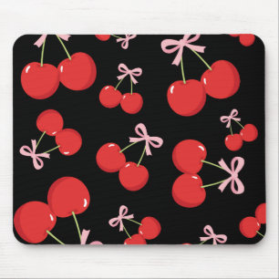 Alfombrilla De Ratón Cerezas rojas negras lazo rosa Coquette Chic rústi