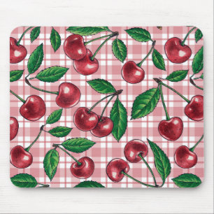 Alfombrilla De Ratón Cerezas rojas sobre gingham rosa