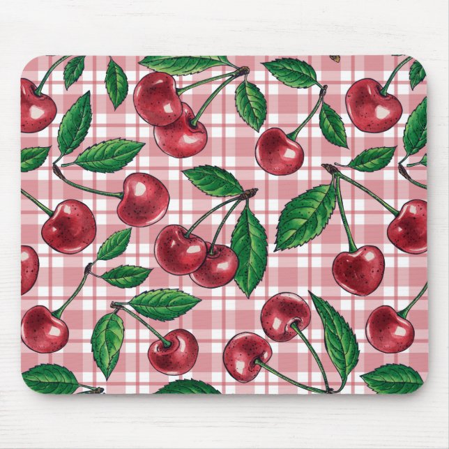 Alfombrilla De Ratón Cerezas rojas sobre gingham rosa (Frente)