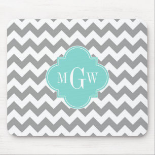 Alfombrilla De Ratón Chevron Gris Blanco Aqua Cuatrefoil 3 Monograma