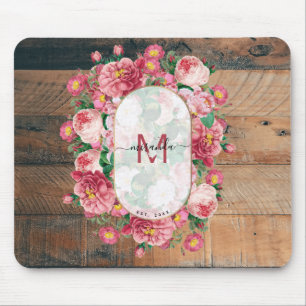 Alfombrilla De Ratón Chic Botanical Vintage Wreath Monogram Wood