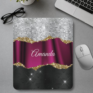 Alfombrilla De Ratón Chic brillo de plata falso Monograma negro fucsia