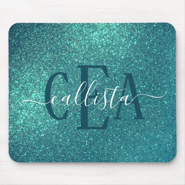Alfombrilla De Ratón Chic Elegant Teal Blue Sparkly Glitter Monogram (Frente)