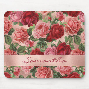 Alfombrilla De Ratón Chic Elegant Vintage Pink Red Roses Floral Name