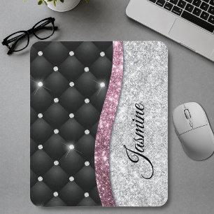 Alfombrilla De Ratón Chic femenino monograma rosa negro brillo falso Pl