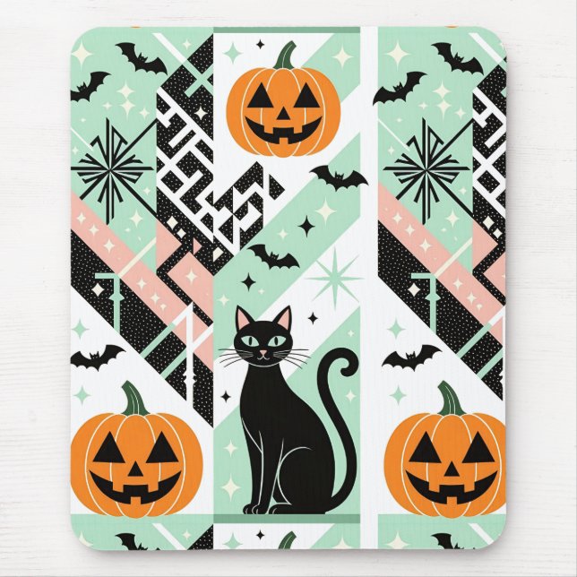 Alfombrilla De Ratón Chic Geometric Pastel Black Cat Pumpkin Halloween (Frente)